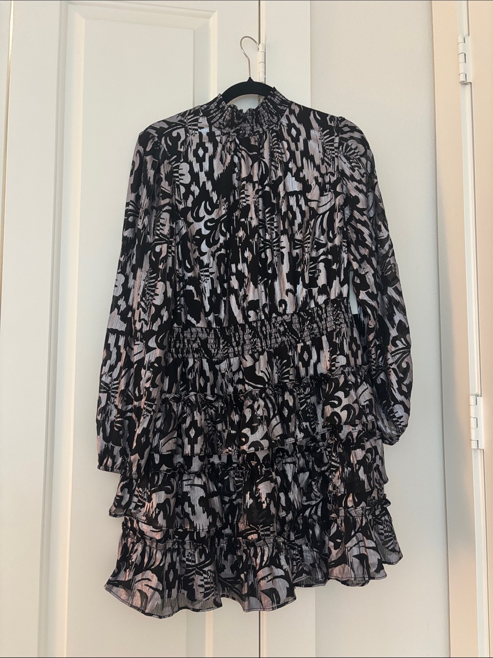 kate spade Black and Light Pink Printed Long-Sleeve Ruffle Dress